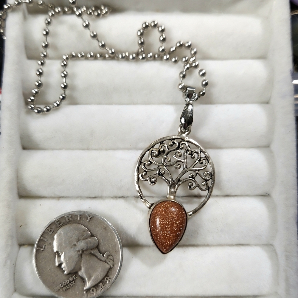 Silver Necklace with Tree Pendant and Brown Stone